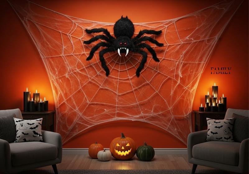 A cozy living room with an orange accent wall turned into a haunted gallery. Mismatched antique frames filled with eerie black-and-white Victorian-style portraits and haunted-house art. Some frames tilted slightly for a spooky, off-kilter effect. Halloween candles and small pumpkins on a console table below, with warm moody lighting casting soft shadows on the wall. Atmosphere feels mysterious but stylish, perfect for Halloween.