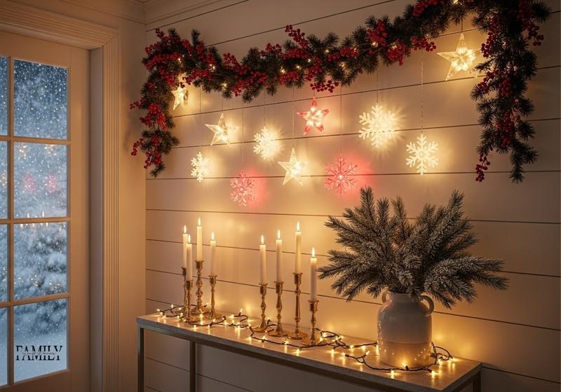 Bright holiday hallway with glowing stars, snowflakes, pine garlands, and red berry accents
