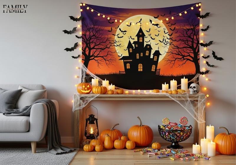 Halloween tapestry with haunted house print, pumpkins, candles and candy bowl. 