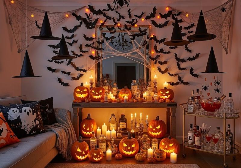 Spooky Halloween party wall with bats, spider webs, hanging witch hats, pumpkins, and candles in a cozy living room