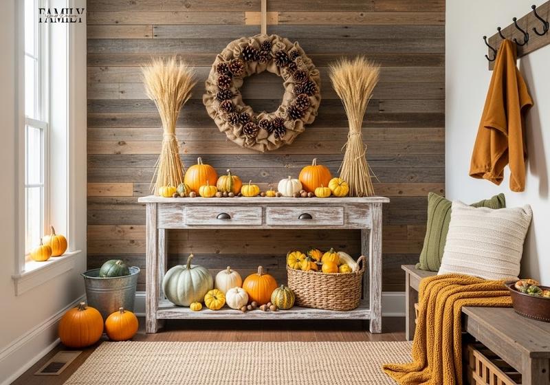 Cozy farmhouse entryway with burlap wreath, pumpkins on console, and wheat bundles.