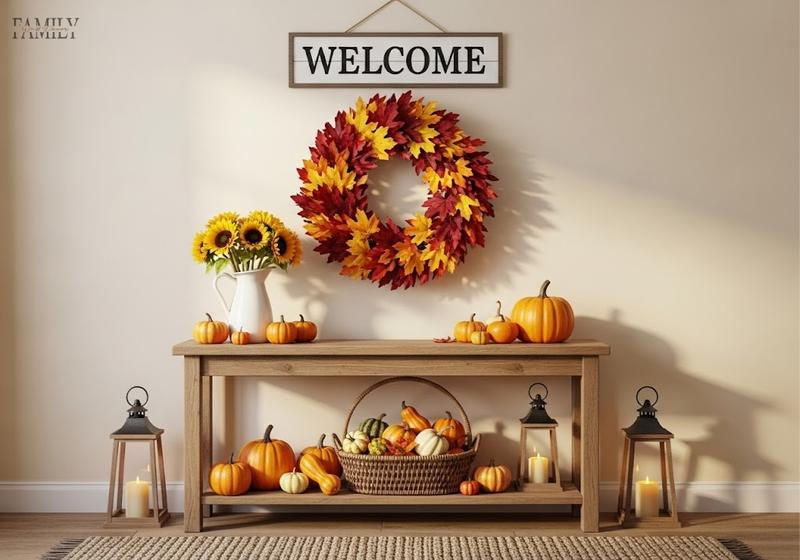 Thanksgiving wall decor with 'Welcome' sign, fall leaf wreath, sunflowers, and pumpkins.