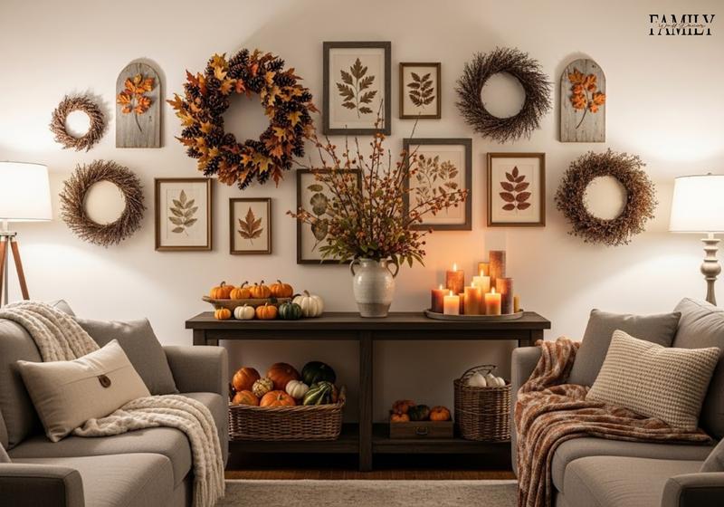 Asymmetrical pinecone wreaths and fall prints above console with pumpkins and candles