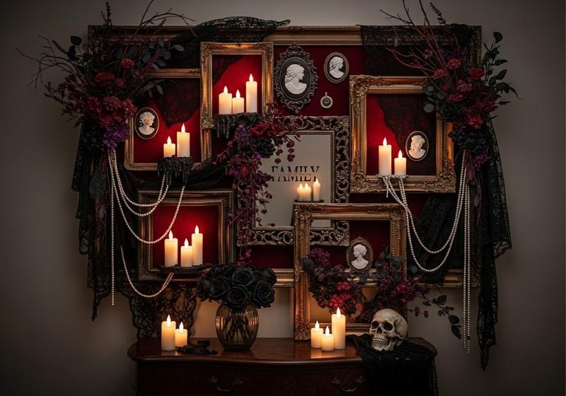 Gothic Victorian Halloween wall decor with ornate gold frames, LED candles, lace fabric, pearl strings, dark florals, and a skull accent on a console table.