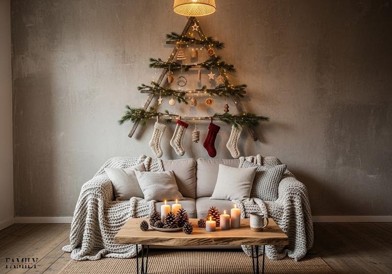 Small cozy living room with minimalist ladder-style Christmas tree and warm rustic decor.