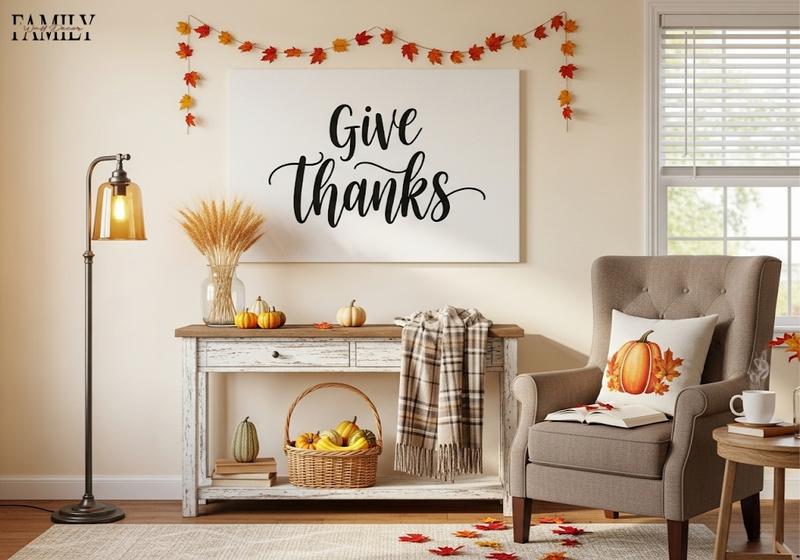 Cozy Thanksgiving corner with a DIY “Give Thanks” hand‑lettered canvas, faux leaf garlands, and rustic console table décor.