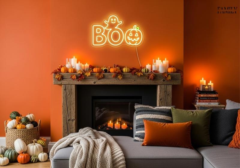 Neon BOO Halloween sign above rustic console table with pumpkins, candles, and fall leaves