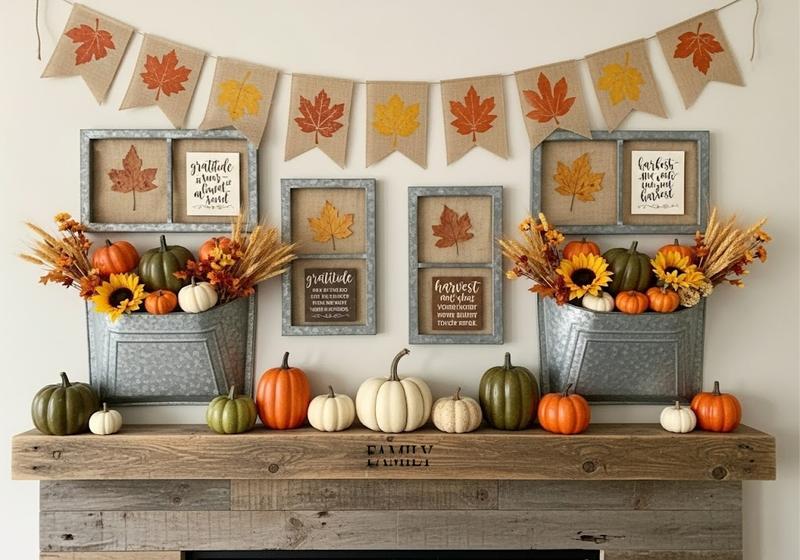 Farmhouse living room wall with burlap banners, metal pockets of pumpkins