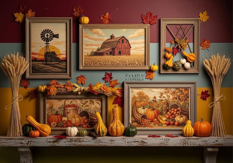 Rustic fall wall display with framed harvest artwork, gourds, pumpkins, and wheat bundles.