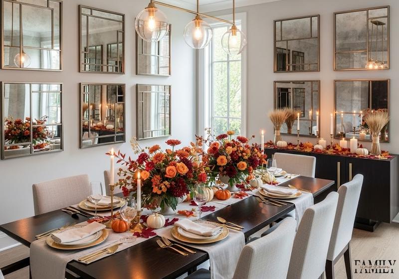 Modern elegant Thanksgiving dining room with mirrored wall art in metallic frames reflecting warm candlelight and subtle autumn accents.