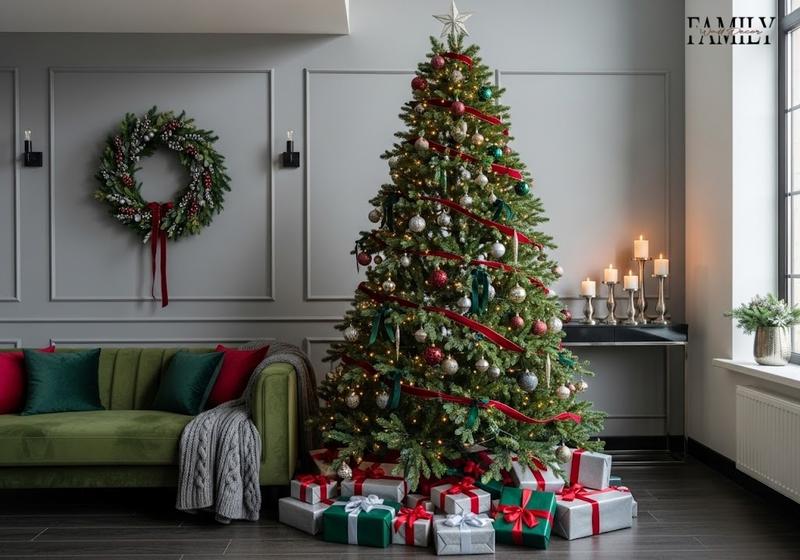 Modern Christmas tree with red and green decorations, gifts, and candles against gray walls