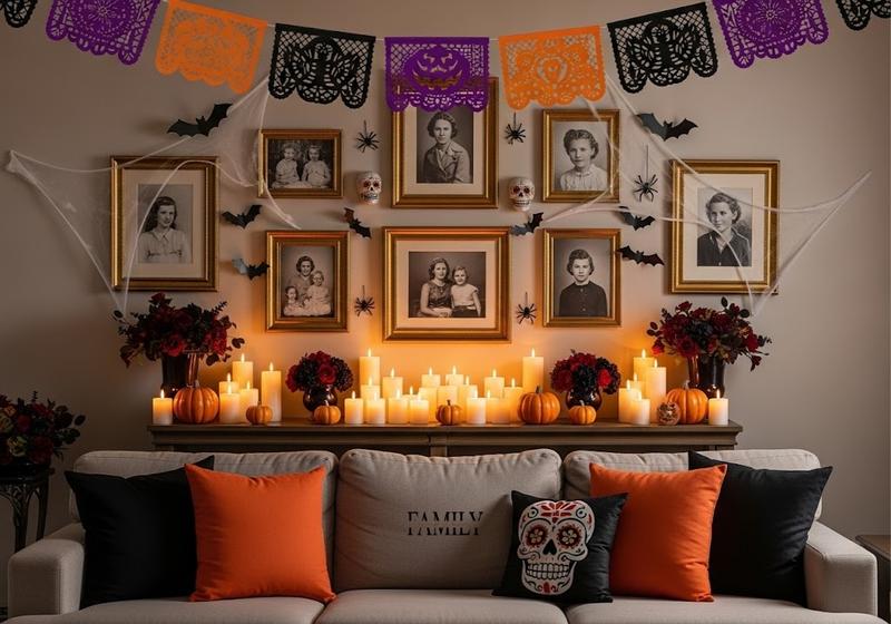 Día de Los Muertos tribute wall with colorful papel picado, marigold garlands, candles, and neutral sofa with simple festive pillows