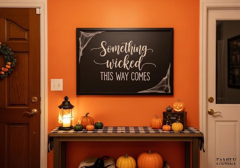 Halloween entryway with orange wall, chalkboard quote sign, pumpkins, and lantern décor