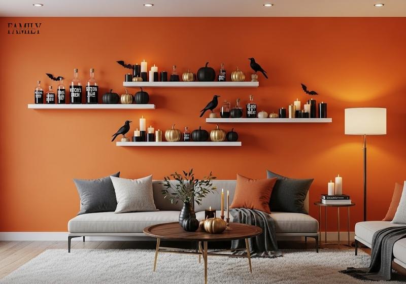 Floating shelves on an orange wall decorated with mini pumpkins, potion bottles, and Halloween props.