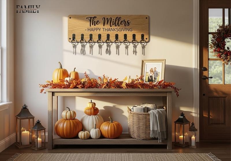 Thanksgiving entryway with a personalized family key holder, pumpkins, fall garland, lanterns, and cozy holiday accents.