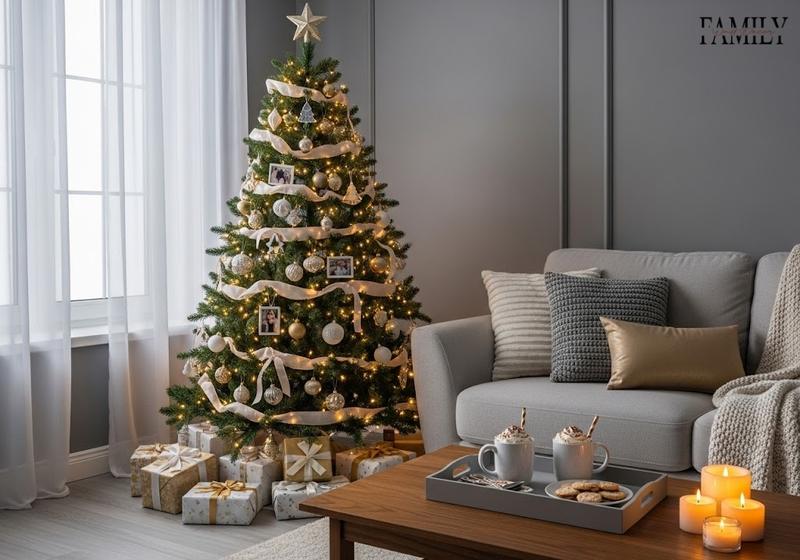 Christmas tree with family photo ornaments and gold accents in a cozy gray-walled living room with sofa, coffee table, and holiday decor