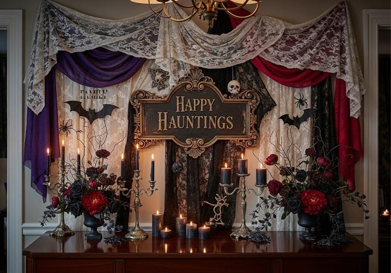 Elegant haunted gallery Halloween party wall with vintage frames, eerie portraits, dim candlelight, and spooky decorative accents.