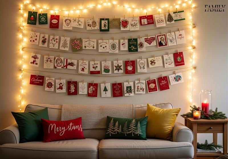 Holiday greeting card gallery wall with cards hung on twine with mini clothespins above a cozy sofa in a warm family living room