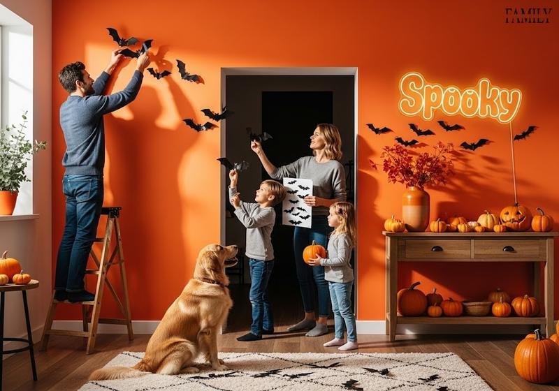 A family decorating an orange accent wall with black bat decals for Halloween while their dog watches, surrounded by pumpkins, fall branches, and a glowing neon “Spooky” sign.