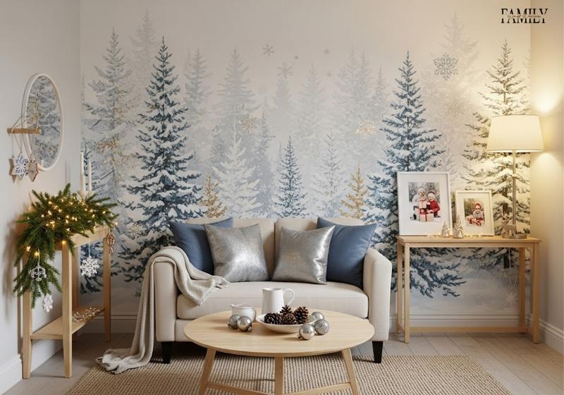 Small living room with removable snowy forest mural and minimal festive decor.