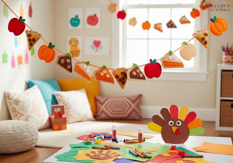 Colorful kids’ Thanksgiving felt pie slice garland in a bright, playful family room.