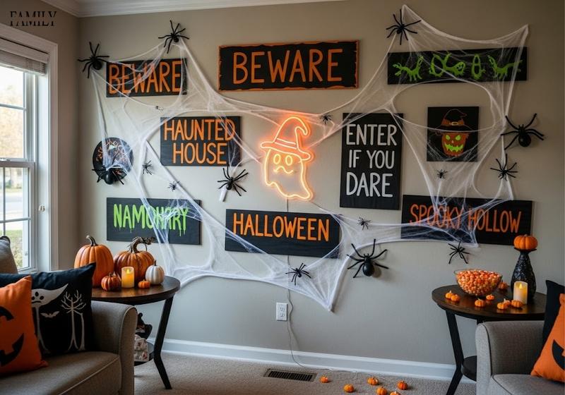 Wide shot of a budget-friendly DIY Halloween wall decorated with foam board signs, faux cobwebs, plastic spiders, and a glowing neon sign in a cozy living room.
