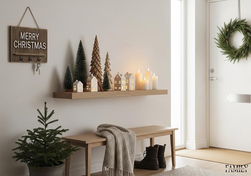 Minimalist Scandinavian entryway with a rustic Merry Christmas key holder, floating shelf with mini trees, glowing ceramic houses, and holiday candles.
