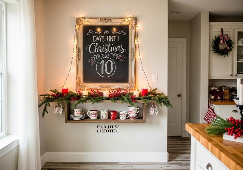 Farmhouse kitchen with upcycled holiday chalkboard countdown, Christmas mugs, candles, and surrounding holiday accents