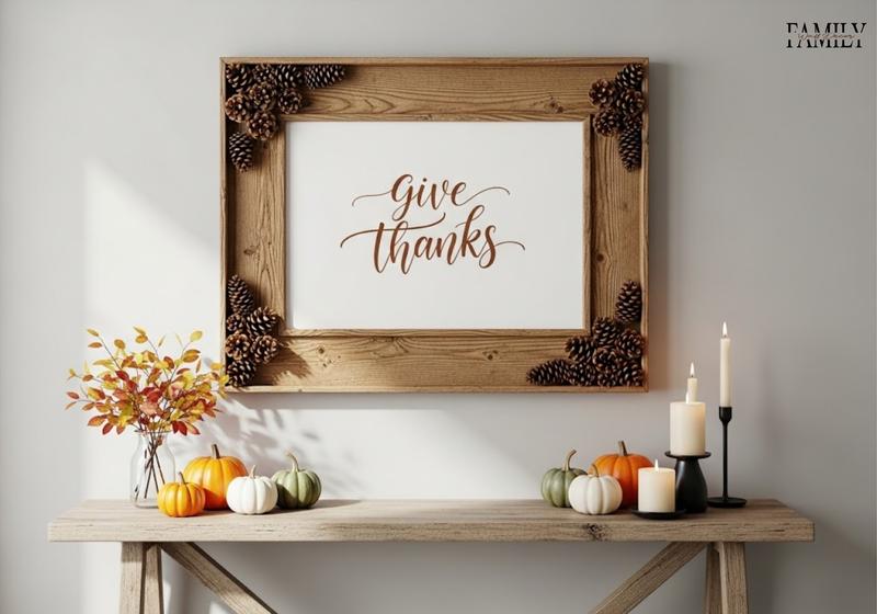 Minimalist “Give Thanks” pinecone frame wall decor with simple fall console styling.