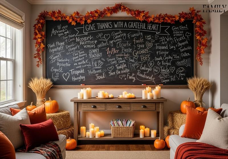 Thanksgiving living room with a chalkboard gratitude wall, pumpkins, garlands, and cozy fall accents.