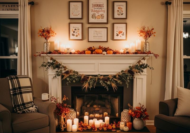 Rustic Thanksgiving pinecone garland draped naturally across a white fireplace mantel with candles, pumpkins, and cozy seasonal decor