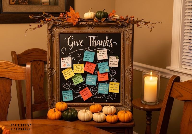  Thanksgiving mini gratitude board made from repurposed frame with chalk notes and fall accents.
