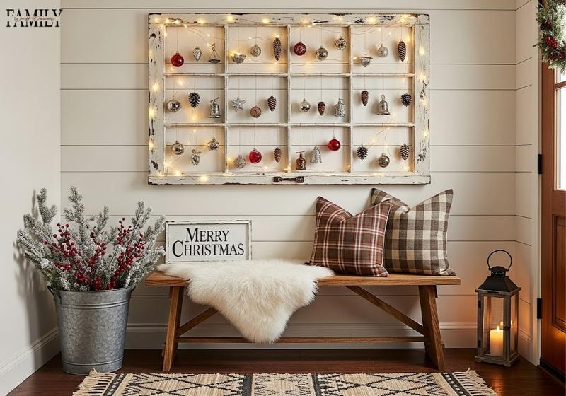Rustic window frame light display with fairy lights and ornaments hanging in each pane, glowing in a cozy farmhouse entryway