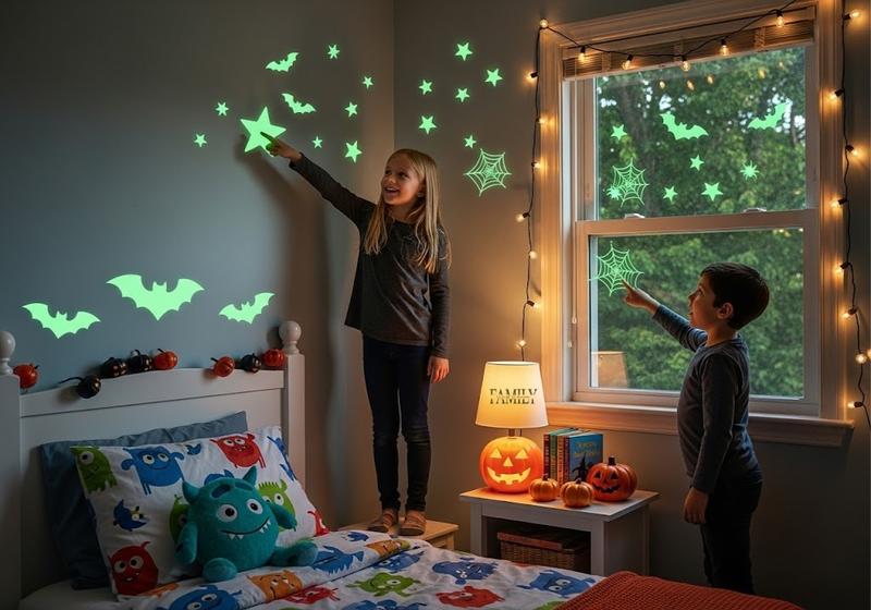 Kids bedroom with glow-in-the-dark Halloween wall stickers firmly attached above the bed and around the window, with warm lighting and cozy décor.