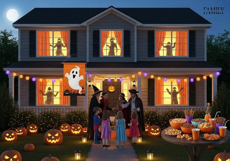 Outdoor Halloween party house with ghost window silhouettes, jack-o’-lanterns, string lights, and costumed guests celebrating