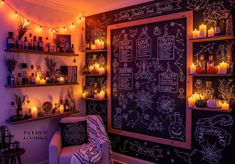 Halloween chalkboard wall with spooky potion recipes, mysterious symbols, candles, and pumpkins creating a witch’s lair look.