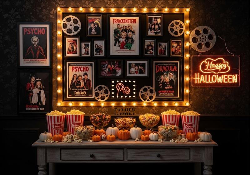 Halloween photo wall with vintage horror movie posters, family costume snapshots, marquee bulbs, old film reels, and a glowing Halloween neon sign.