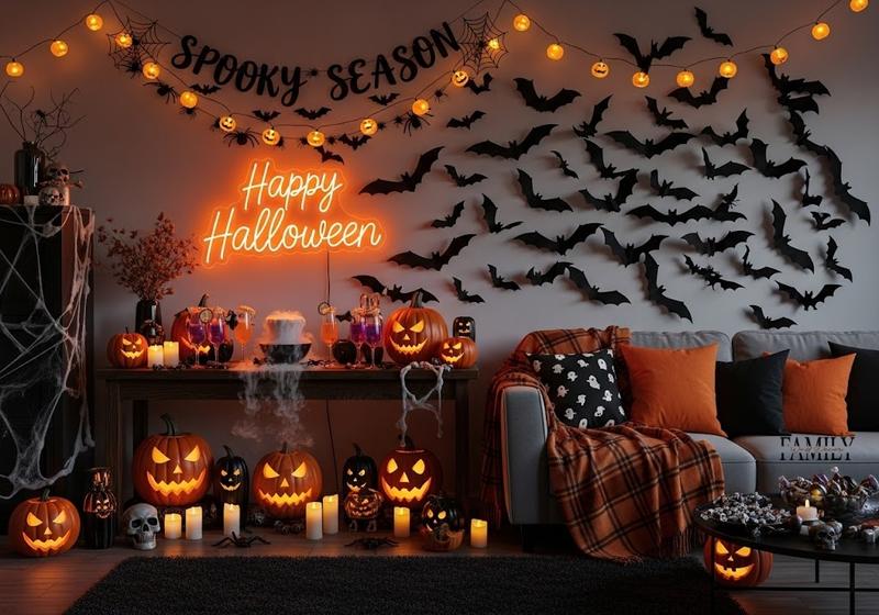 Halloween party wall with flying bats, neon Halloween sign, pumpkins, candles, and festive banner in a cozy living room