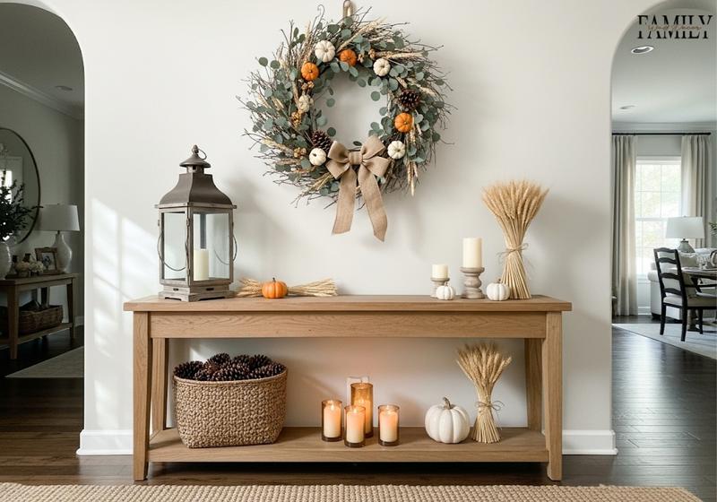 Thanksgiving entryway with harvest wreath, rustic console and lantern.