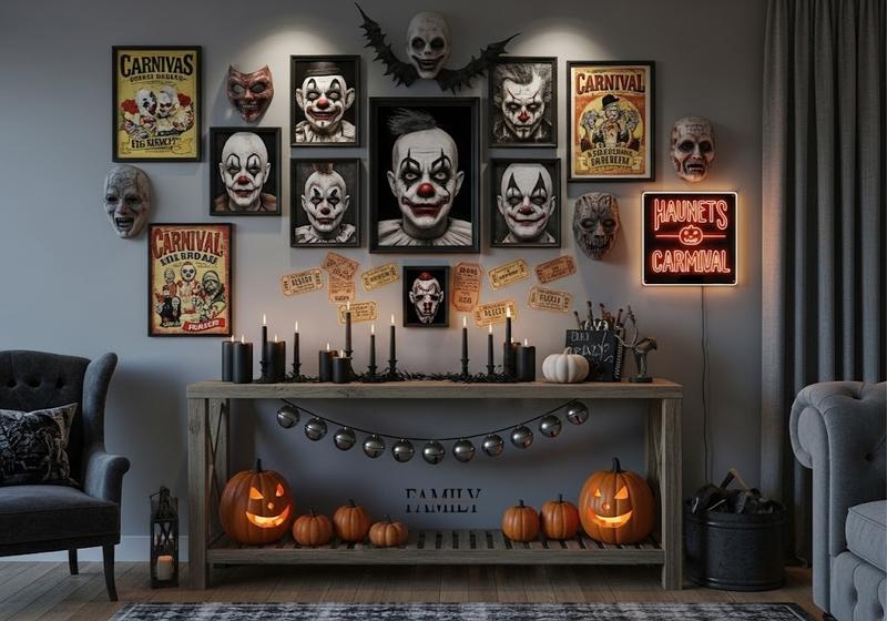 Haunted carnival Halloween photo wall with creepy clown portraits, vintage posters, neon sign, and eerie masks for a spooky party backdrop