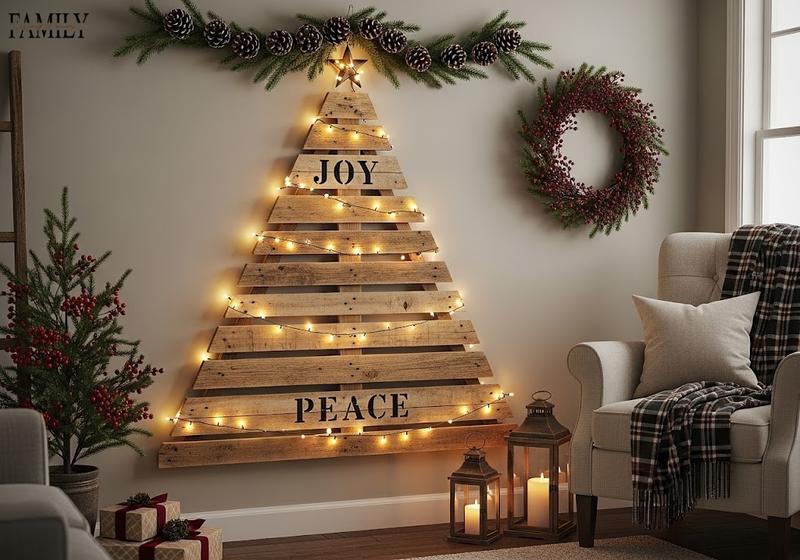 Rustic wooden pallet Christmas tree wall art with warm lights, garland, wreath