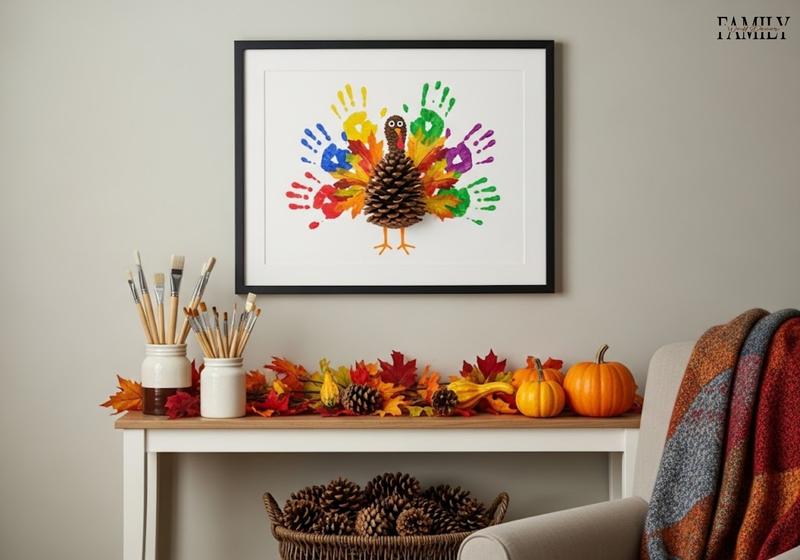 Handprint and pinecone turkey artwork framed on wall above console table with pumpkins, brushes, and autumn leaves.