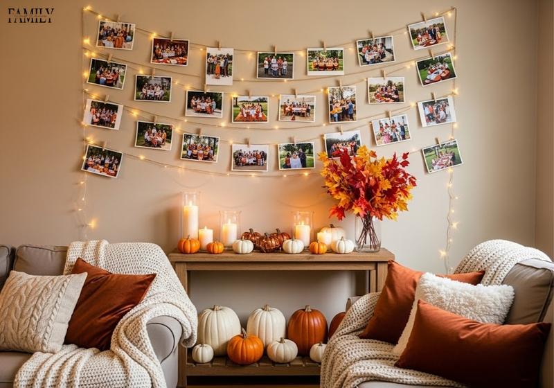 Thanksgiving photo collage wall with twine and clothespins, fairy lights, pumpkins, candles, and cozy fall decor.