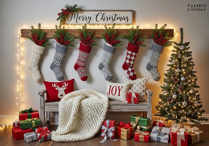 Christmas entryway with patterned knit stockings, centered holiday sign, rustic bench, gifts, and a decorated mini tree.