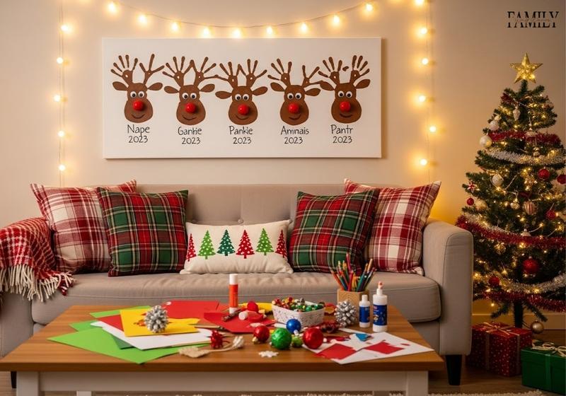 Christmas living room with children’s handprint reindeer canvas art, festive pillows, holiday lights, and a cozy family atmosphere