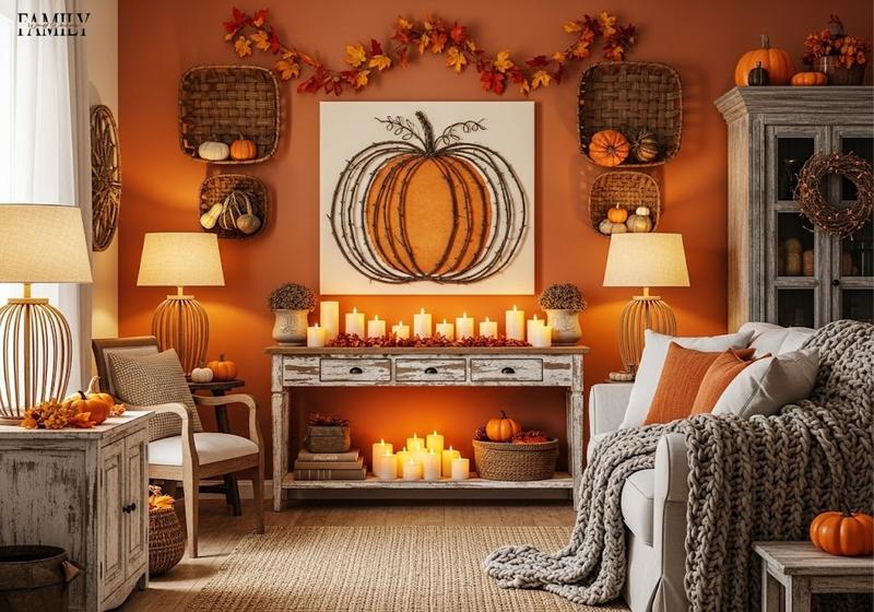 Rustic living room with twig pumpkin wall art, woven baskets, fall garland, and candles on a distressed console table for cozy Thanksgiving decor.
