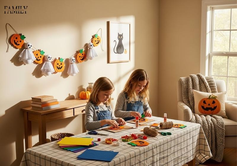 Kid-friendly DIY felt pumpkin and fabric ghost banner hanging near framed Halloween wall art in a cozy family room.