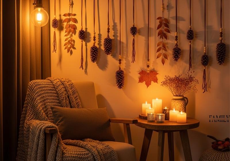  Cozy reading nook with pinecone and dried leaf vertical strands, candles, and boho accents.