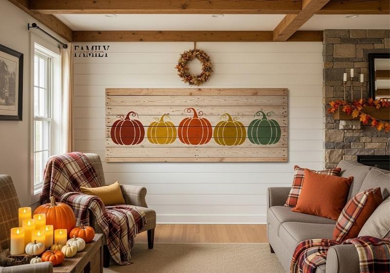 Reclaimed pallet board wall art with hand-painted pumpkin stencils in a rustic farmhouse Thanksgiving living room