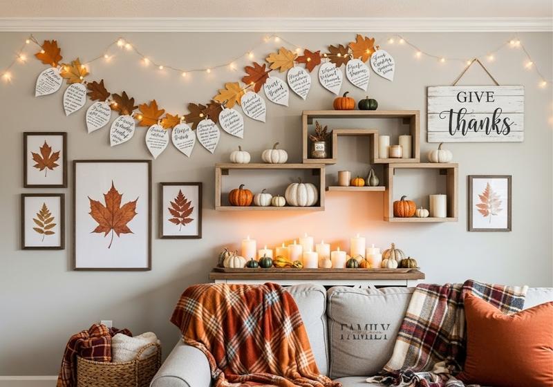 Cozy Thanksgiving living room with asymmetrical paper leaf garland, “Give Thanks” sign, candles, pumpkins, and plaid blankets.